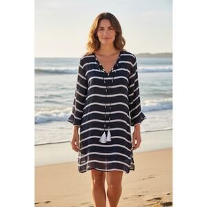 Debbie Katz Swim Suit Coverup Dress •XL• Blue White Striped Tassel South Beach